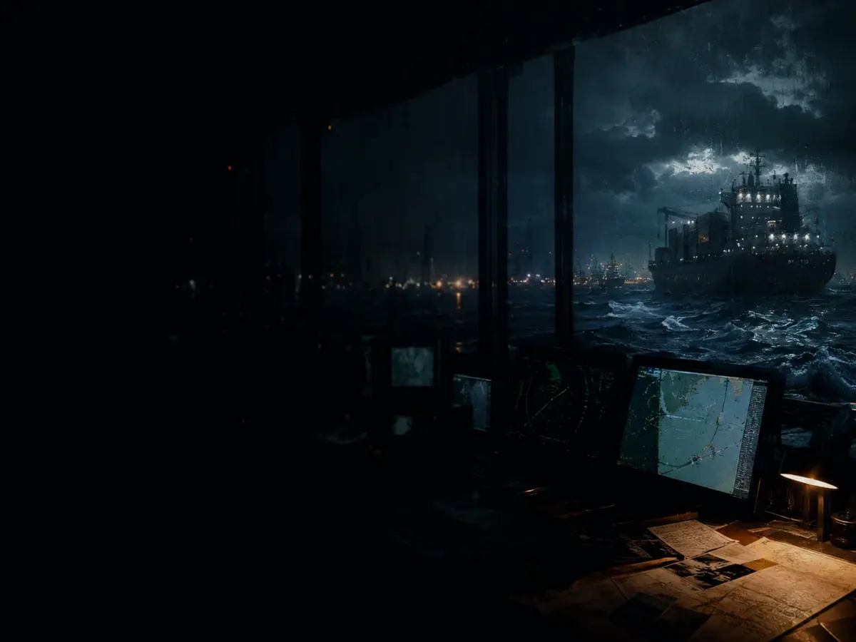 What Records Are Created During Debris Field Examination? article hero image showing container ship and harbour operations under storm light with evidence-board tension