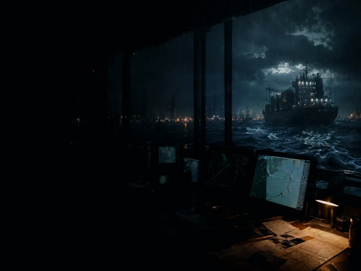 How Is Radar Track Evidence Checked or Verified? article hero image showing marine radar screen, bridge watchkeeping and collision-avoidance plotting under storm light