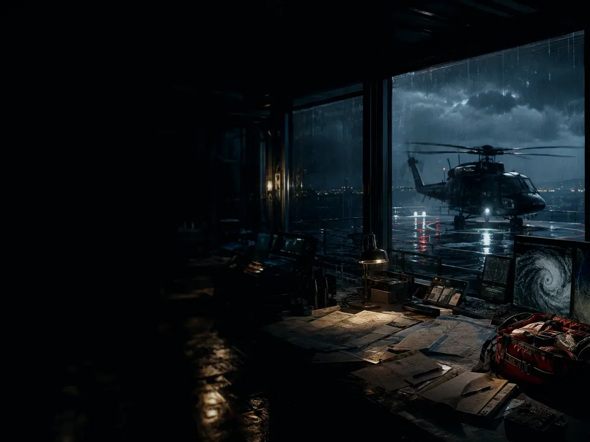 What Equipment Is Commonly Carried in a Helicopter? article hero image showing rescue helicopter silhouette over a night operations room and coastal weather