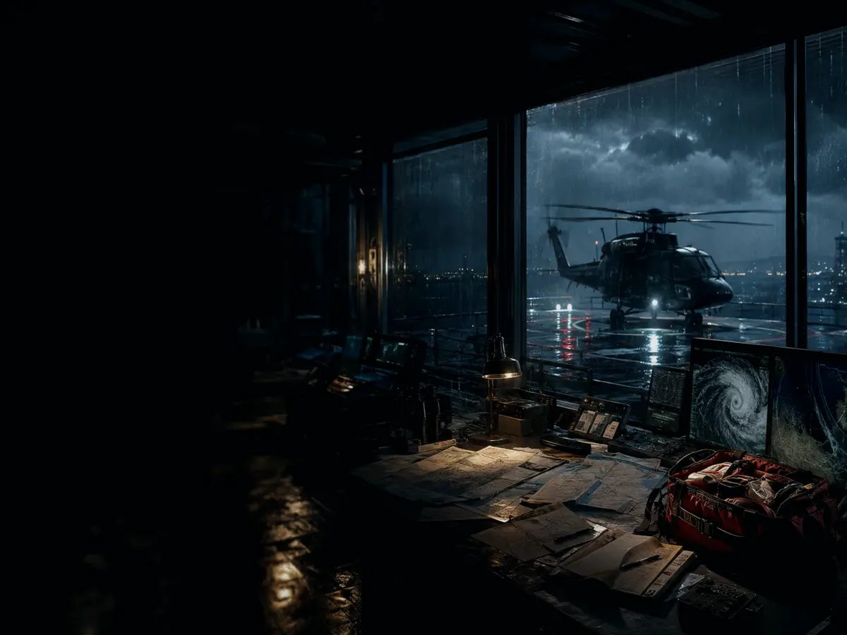 How Does Rescue Helicopter Response Work? article hero image showing rescue helicopter silhouette over a night operations room and coastal weather