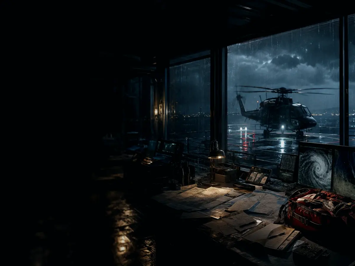 What Happens During Rescue Helicopter Response? article hero image showing rescue helicopter silhouette over a night operations room and coastal weather