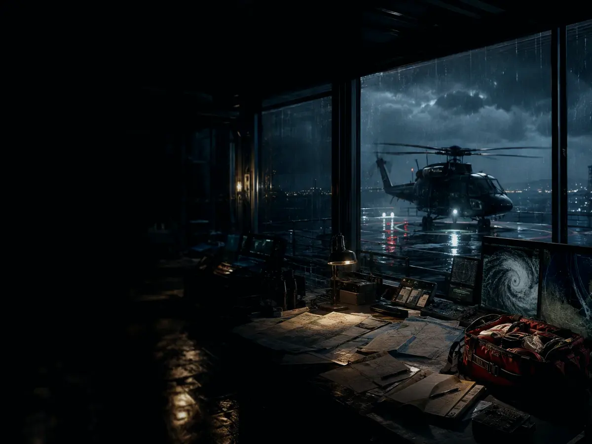 What Records Are Created During Rescue Helicopter Response? article hero image showing rescue helicopter silhouette over a night operations room and coastal weather