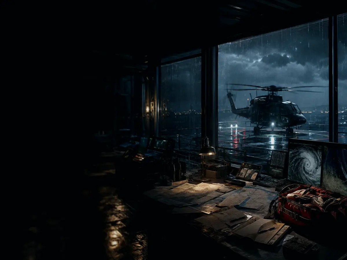 Who Is Responsible for Rescue Helicopter Response? article hero image showing rescue helicopter silhouette over a night operations room and coastal weather