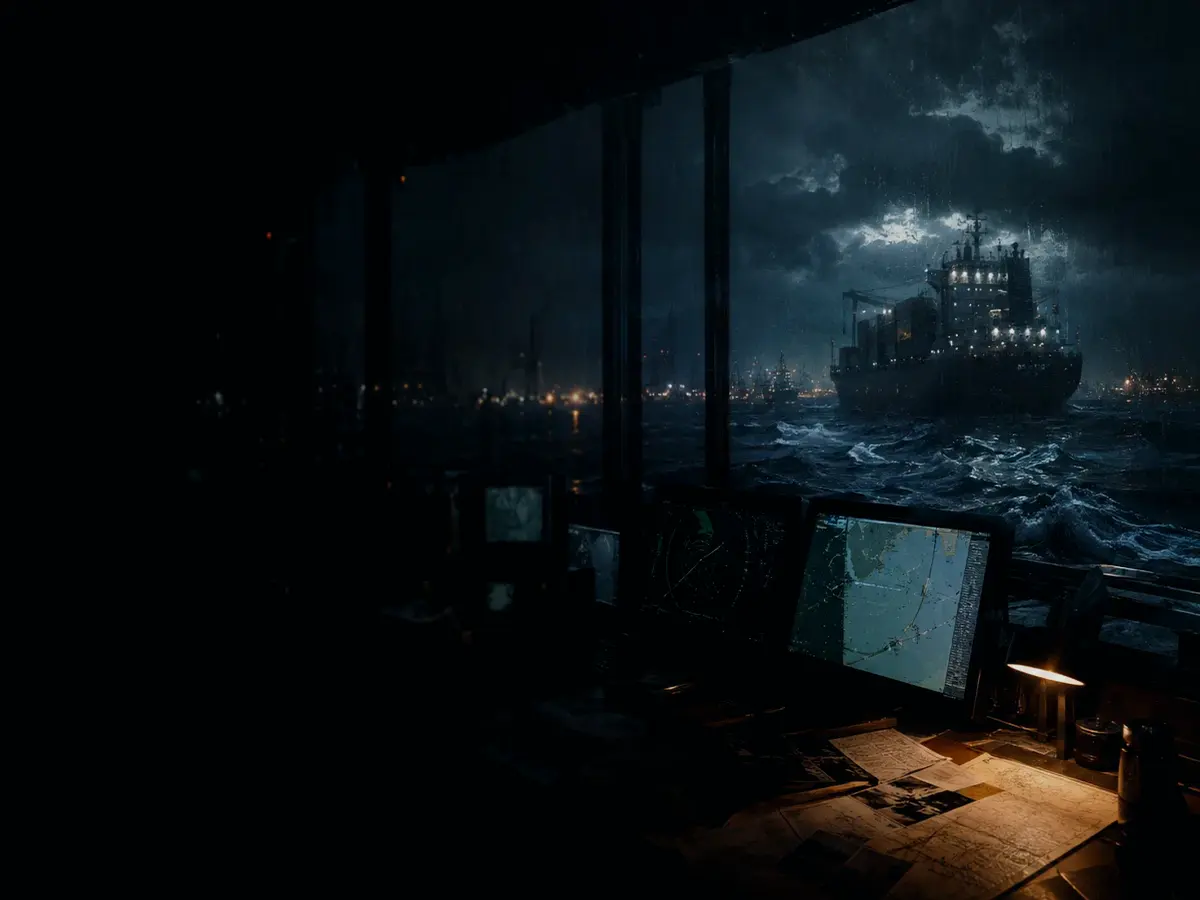 How Does a Port Berth Work? article hero image showing container ship and harbour operations under storm light with evidence-board tension