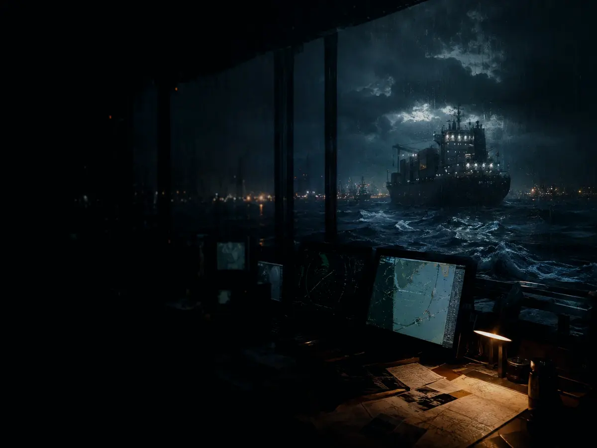 How Does a Service Basin Work? article hero image showing container ship and harbour operations under storm light with evidence-board tension
