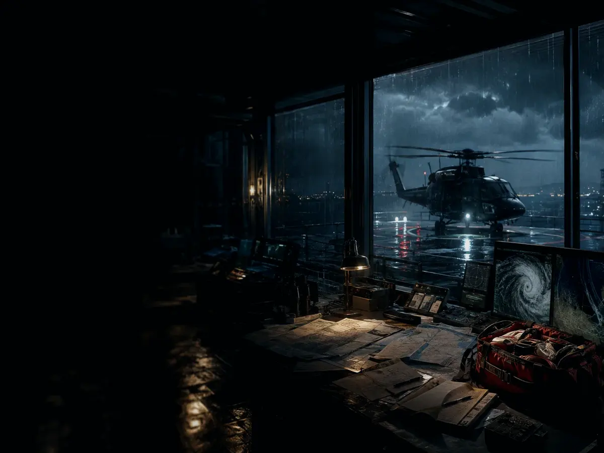How Does Helicopter Medical Evacuation Affect Operations? article hero image showing rescue helicopter silhouette over a night operations room and coastal weather