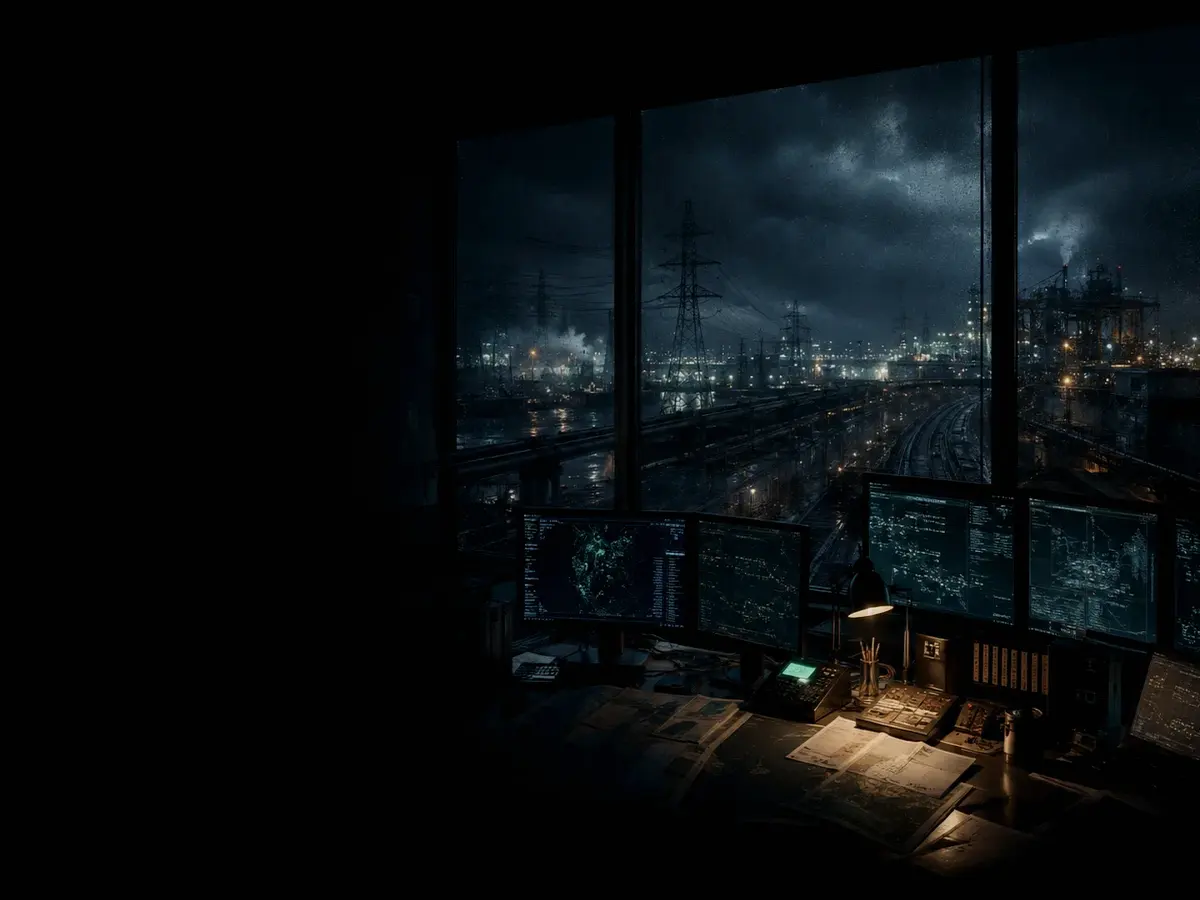 What Is a Rail Service Compound? article hero image showing critical infrastructure map, cables, terminals and pressure in a dark operations room
