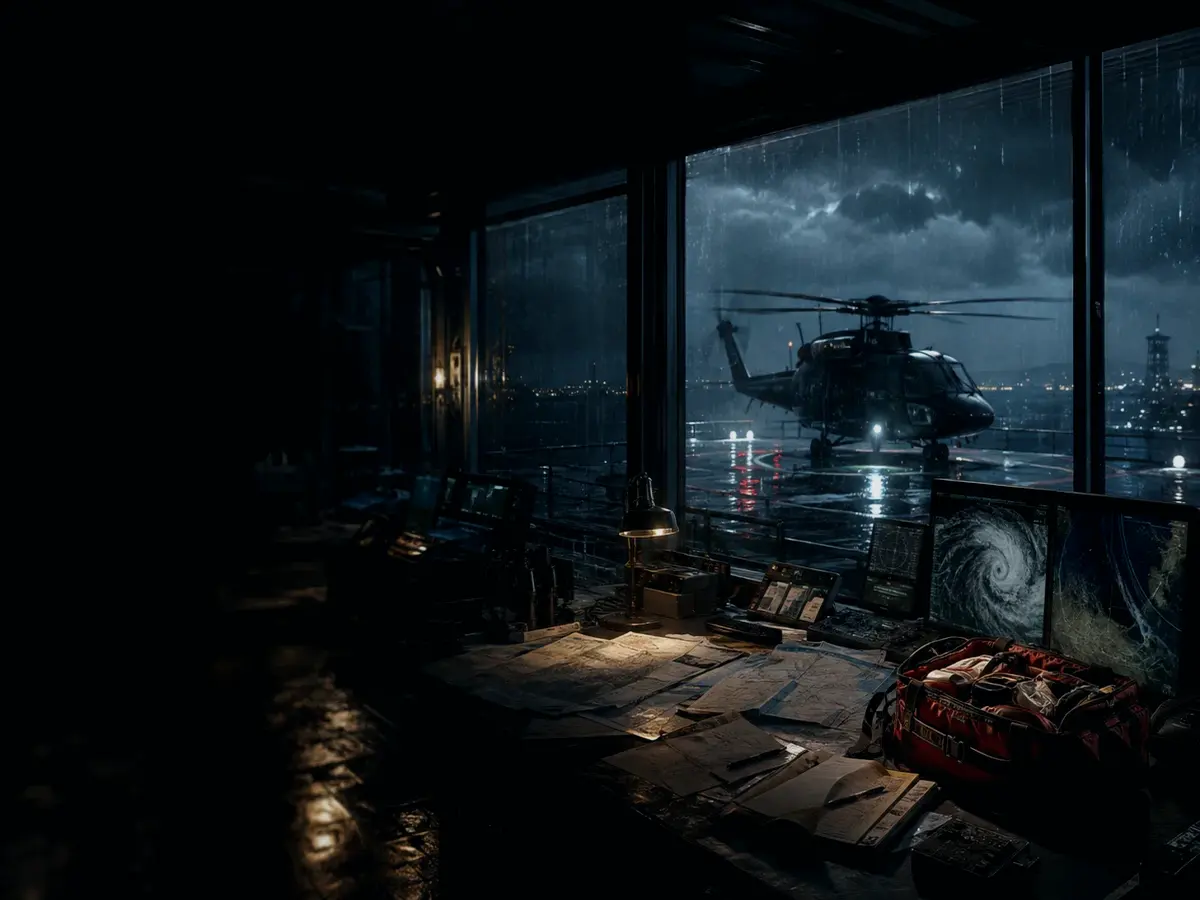 How Is Helicopter Medical Evacuation Used or Applied? article hero image showing rescue helicopter silhouette over a night operations room and coastal weather