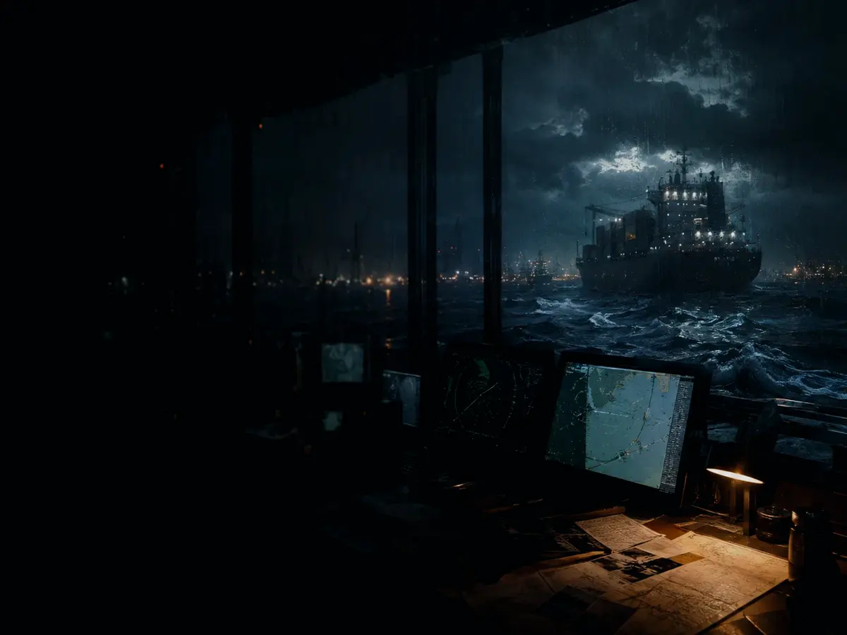 Why Does Abandon Ship Procedure Matter? article hero image showing container ship and harbour operations under storm light with evidence-board tension