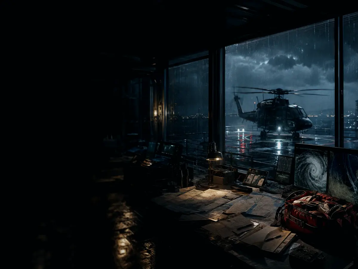 What Are the Main Risks or Limitations of Helicopter Medical Evacuation? article hero image showing rescue helicopter silhouette over a night operations room and coastal weather