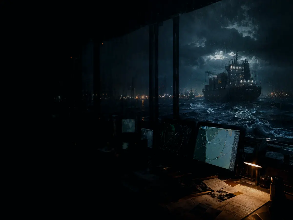 What Decisions Can a Chief Officer Make? article hero image showing container ship and harbour operations under storm light with evidence-board tension