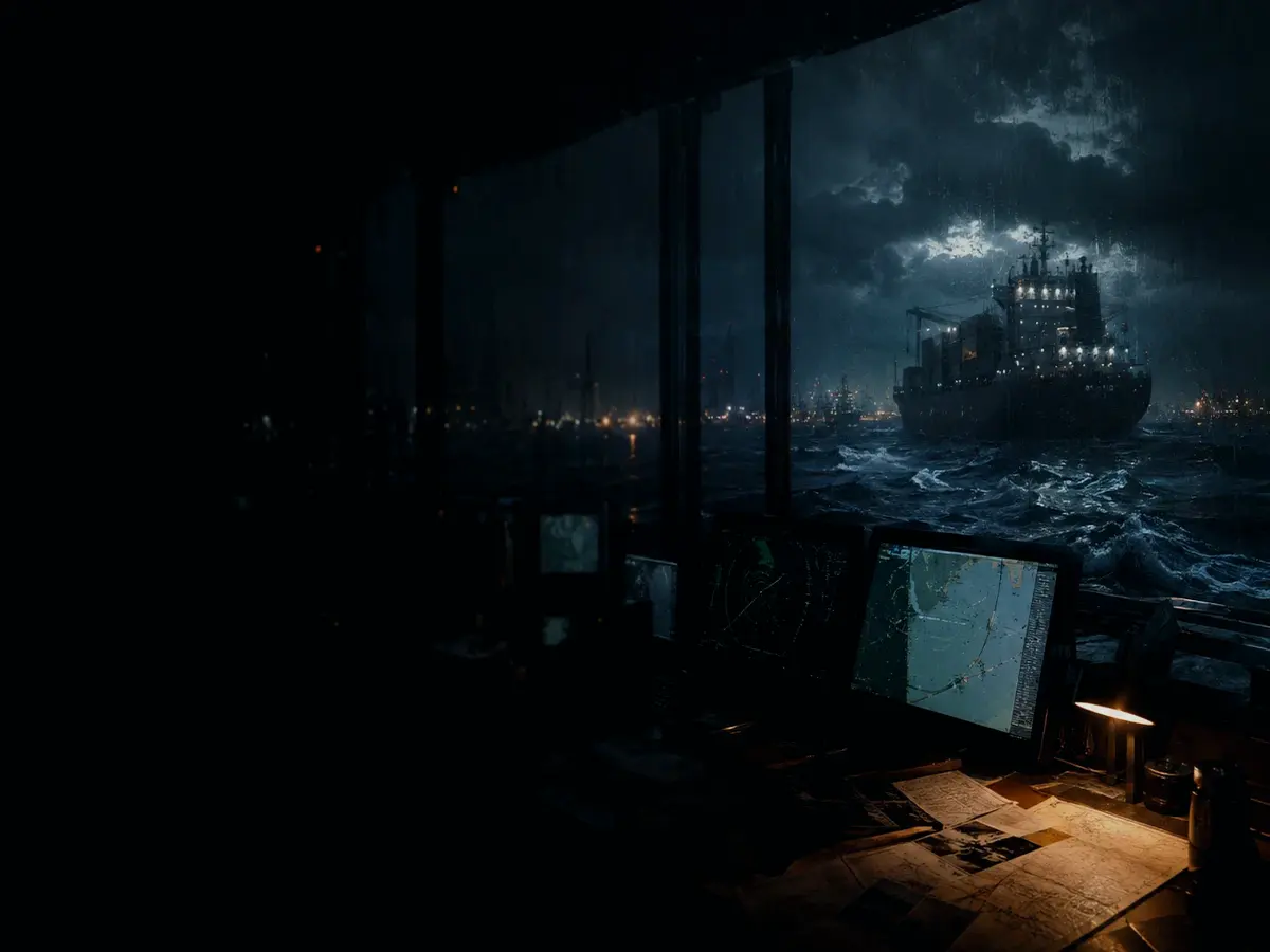 Why Does Engine Orders Matter? article hero image showing container ship and harbour operations under storm light with evidence-board tension
