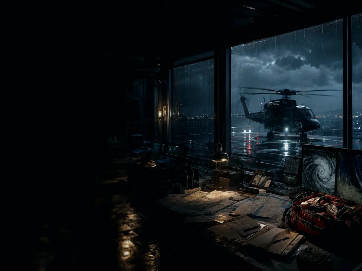 What Does Helicopter Medical Evacuation Mean in Practice? article hero image showing rescue helicopter silhouette over a night operations room and coastal weather