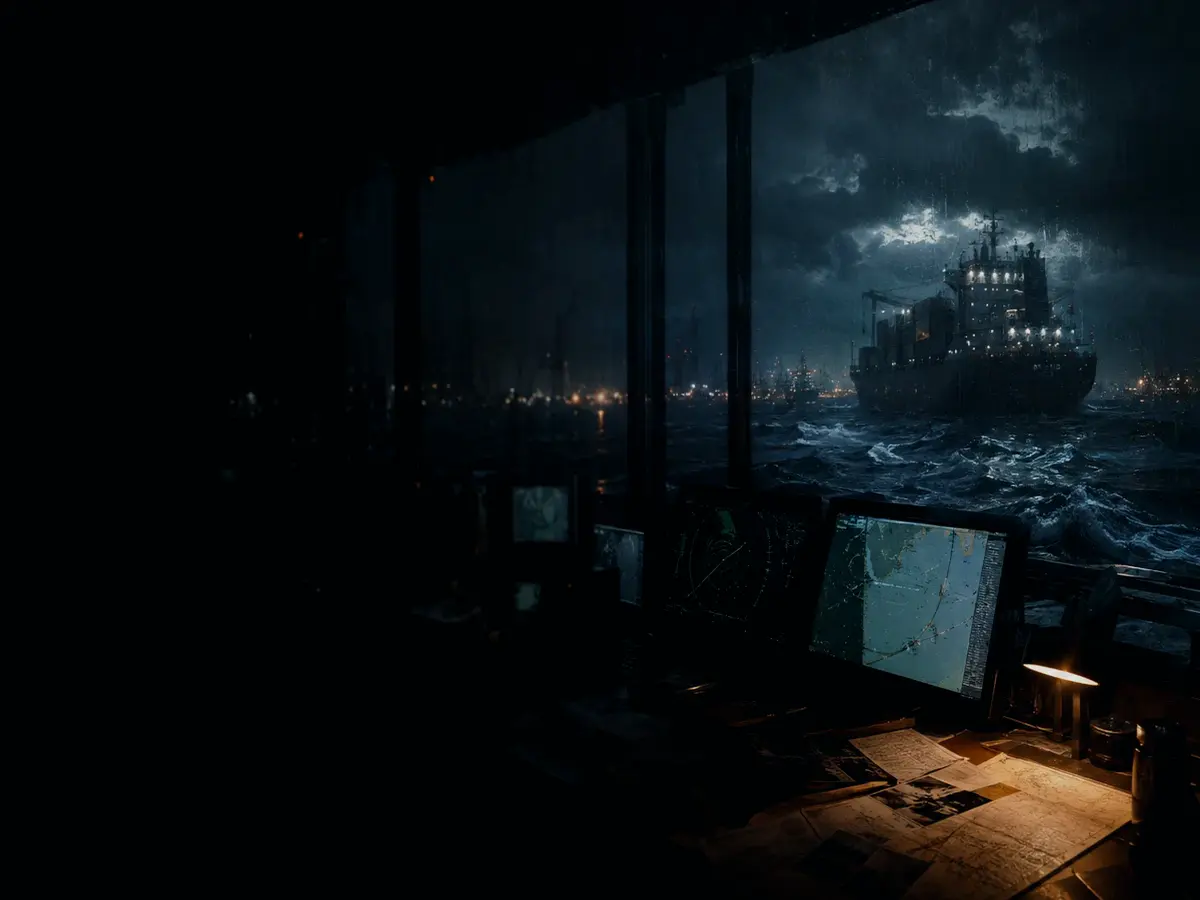 How Does Ship Stability Work? article hero image showing container ship and harbour operations under storm light with evidence-board tension