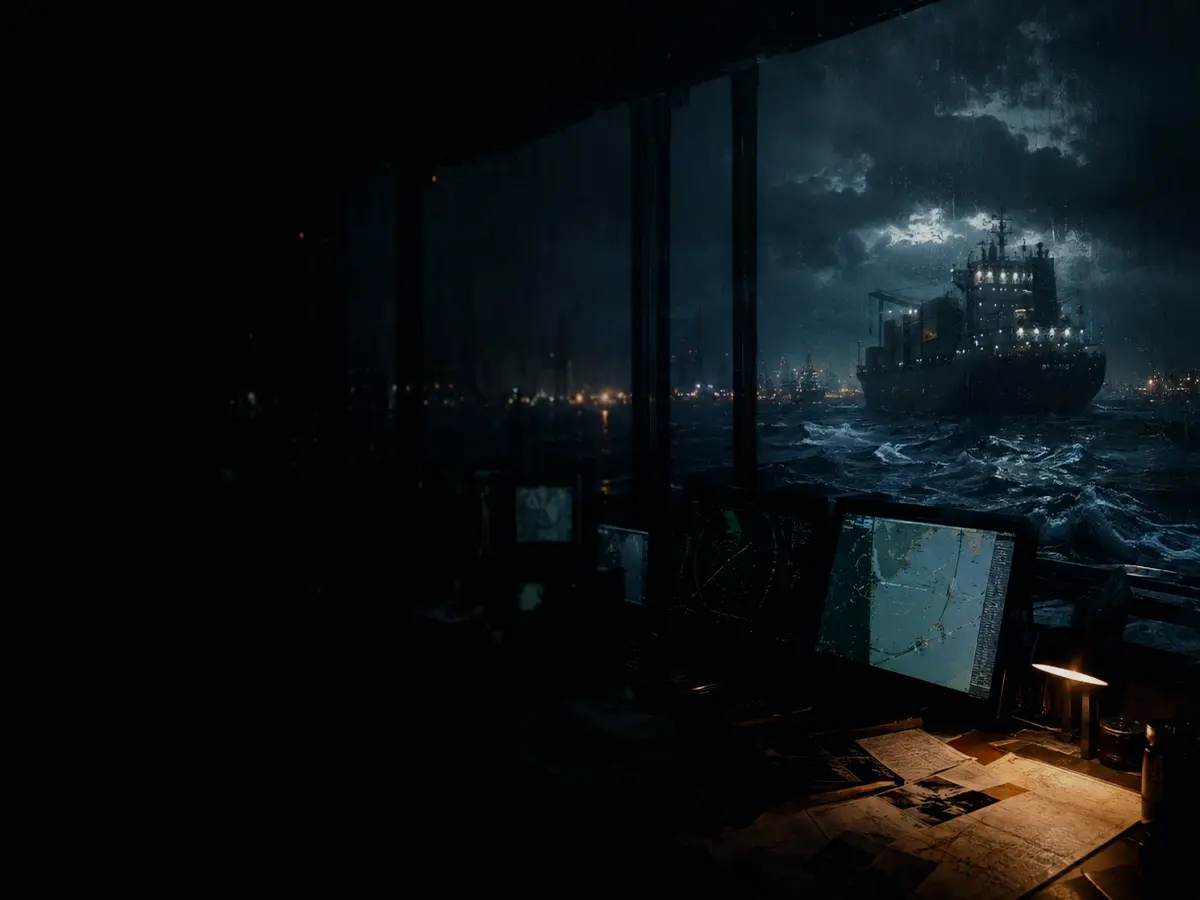 What Is Ship Stability Used For? article hero image showing container ship and harbour operations under storm light with evidence-board tension