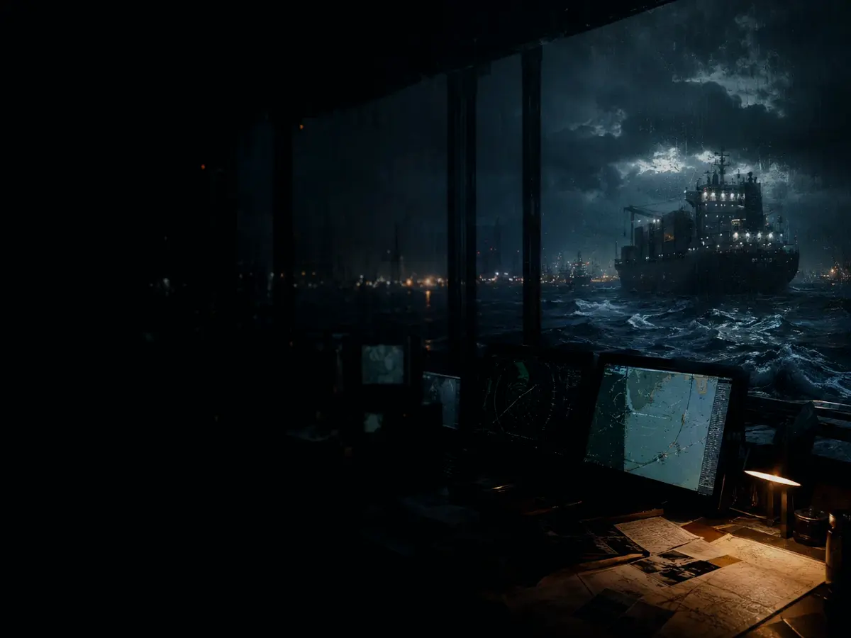 What Is Ship Trim? article hero image showing container ship and harbour operations under storm light with evidence-board tension