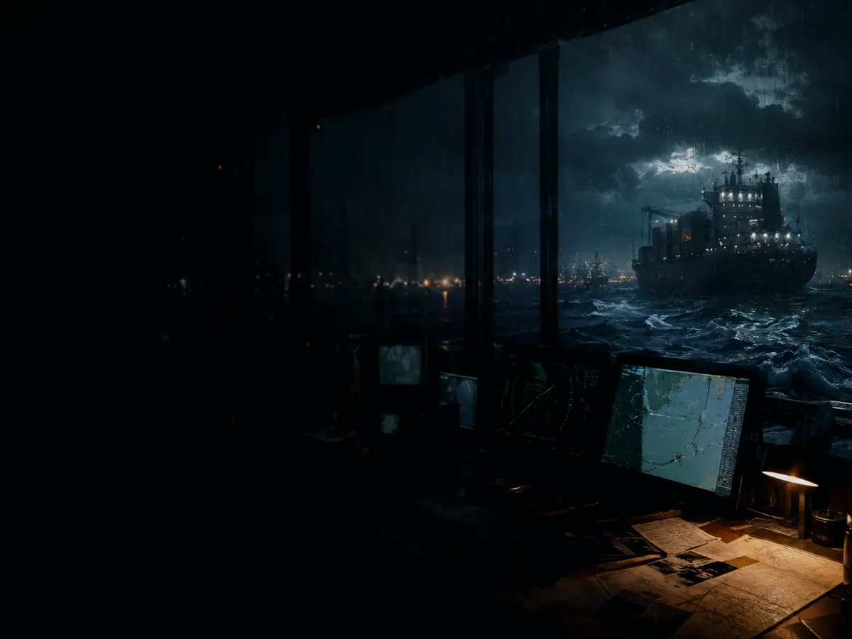 What Are the Main Safety Risks on a Bulk Carrier? article hero image showing container ship and harbour operations under storm light with evidence-board tension