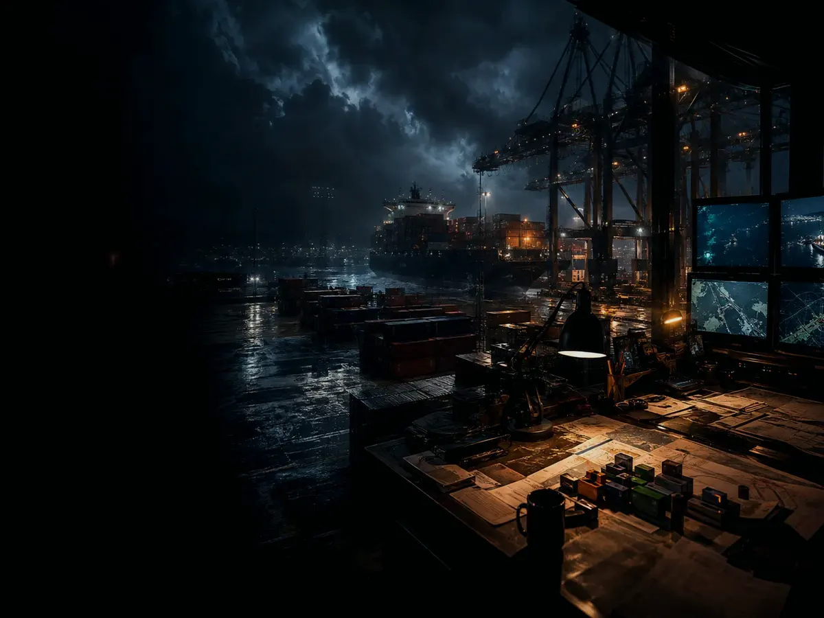 What Crew Works on a Container Ship? article hero image showing wet container terminal, cargo movement, freight records and logistics evidence