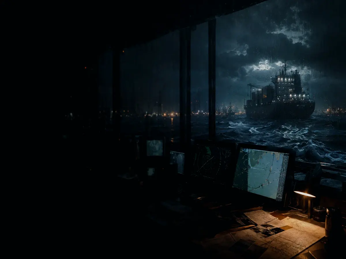 What Equipment Does a Fishing Trawler Carry? article hero image showing container ship and harbour operations under storm light with evidence-board tension