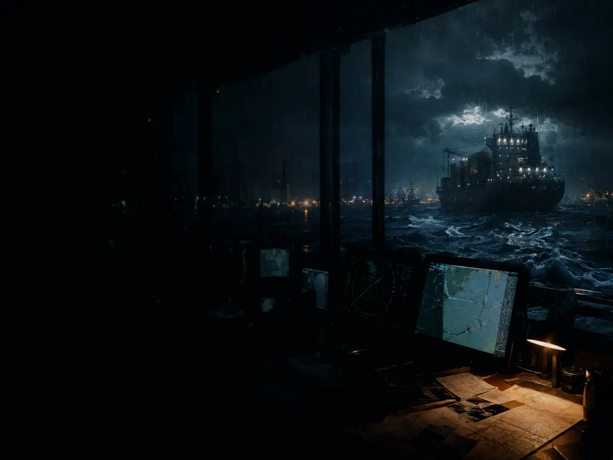What Is a Fishing Trawler Used For? article hero image showing container ship and harbour operations under storm light with evidence-board tension