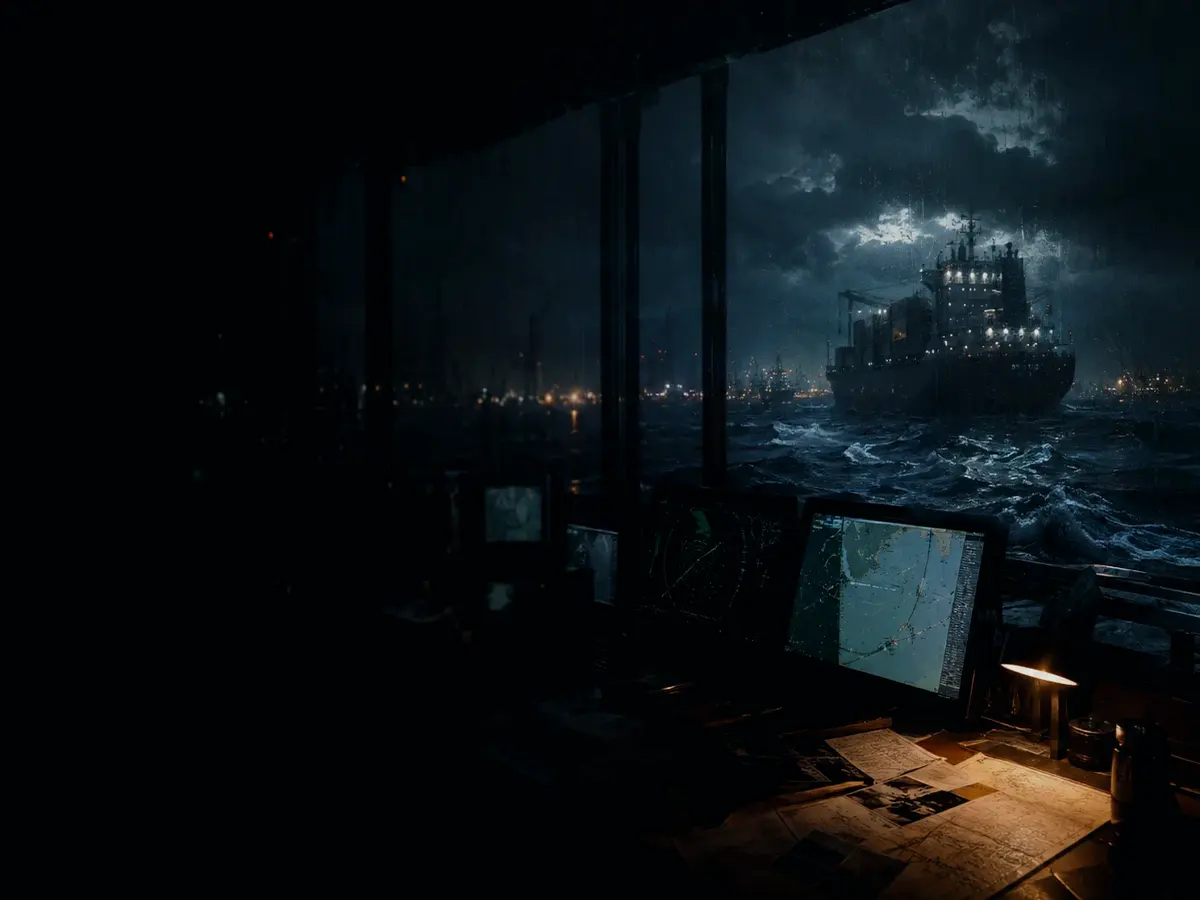 What Is a Fishing Vessel Used For? article hero image showing container ship and harbour operations under storm light with evidence-board tension