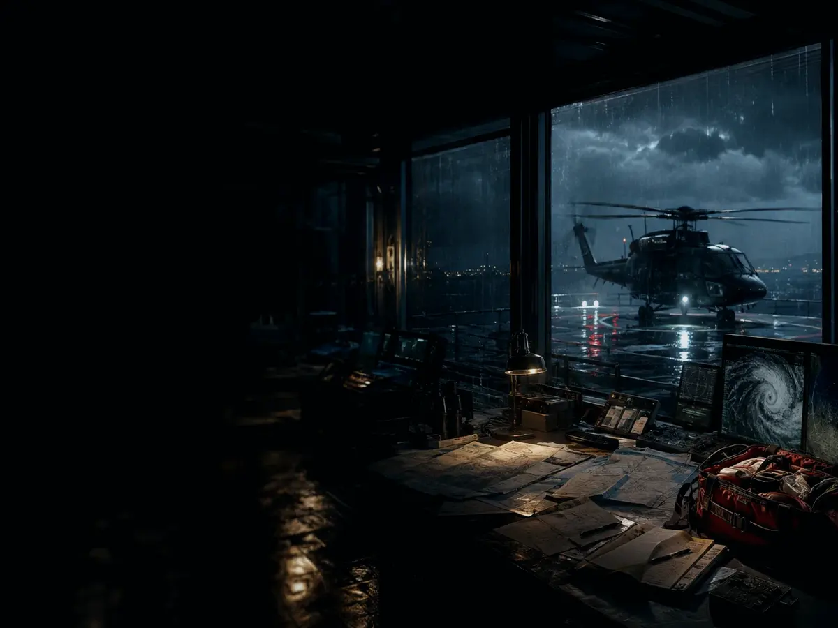 Why Is Helicopter Medical Evacuation Important? article hero image showing rescue helicopter silhouette over a night operations room and coastal weather