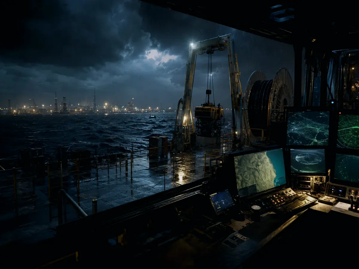 What Are the Main Safety Risks on a Hydrographic Survey Vessel? article hero image showing subsea operations deck, A-frame launch silhouette, underwater survey grid and cable-route tension