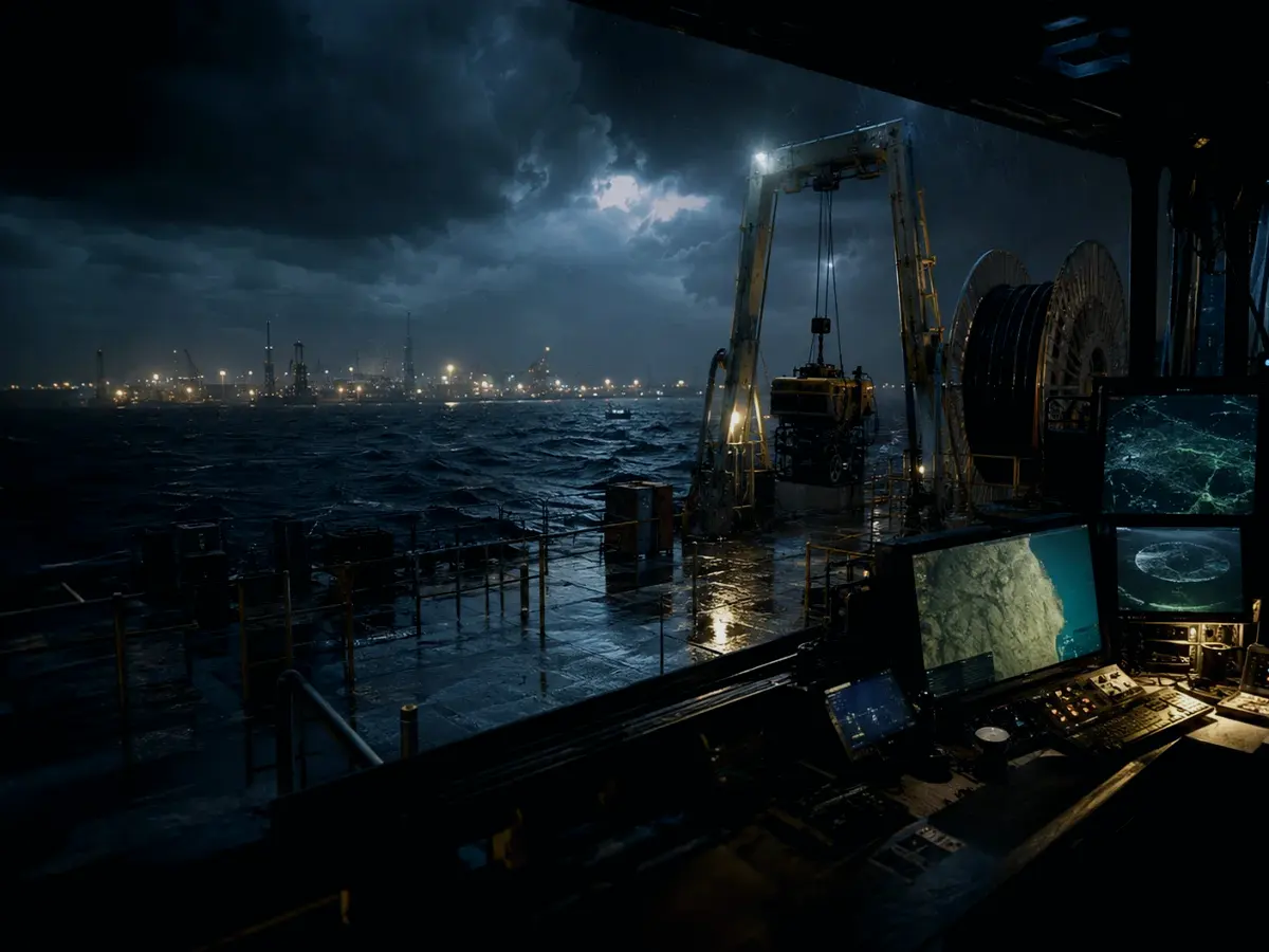 What Crew Works on a Hydrographic Survey Vessel? article hero image showing subsea operations deck, A-frame launch silhouette, underwater survey grid and cable-route tension