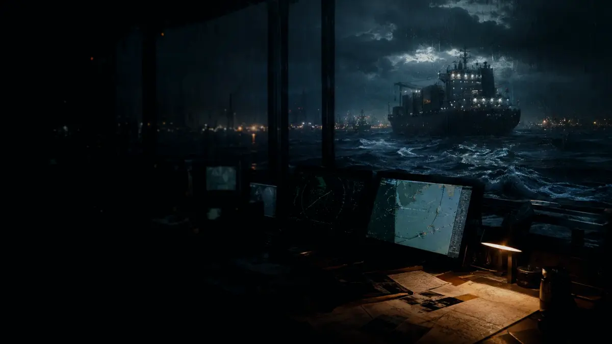 How Is a Merchant Ship Handled in Port? supporting article image showing marine radar-style display and shipping route evidence