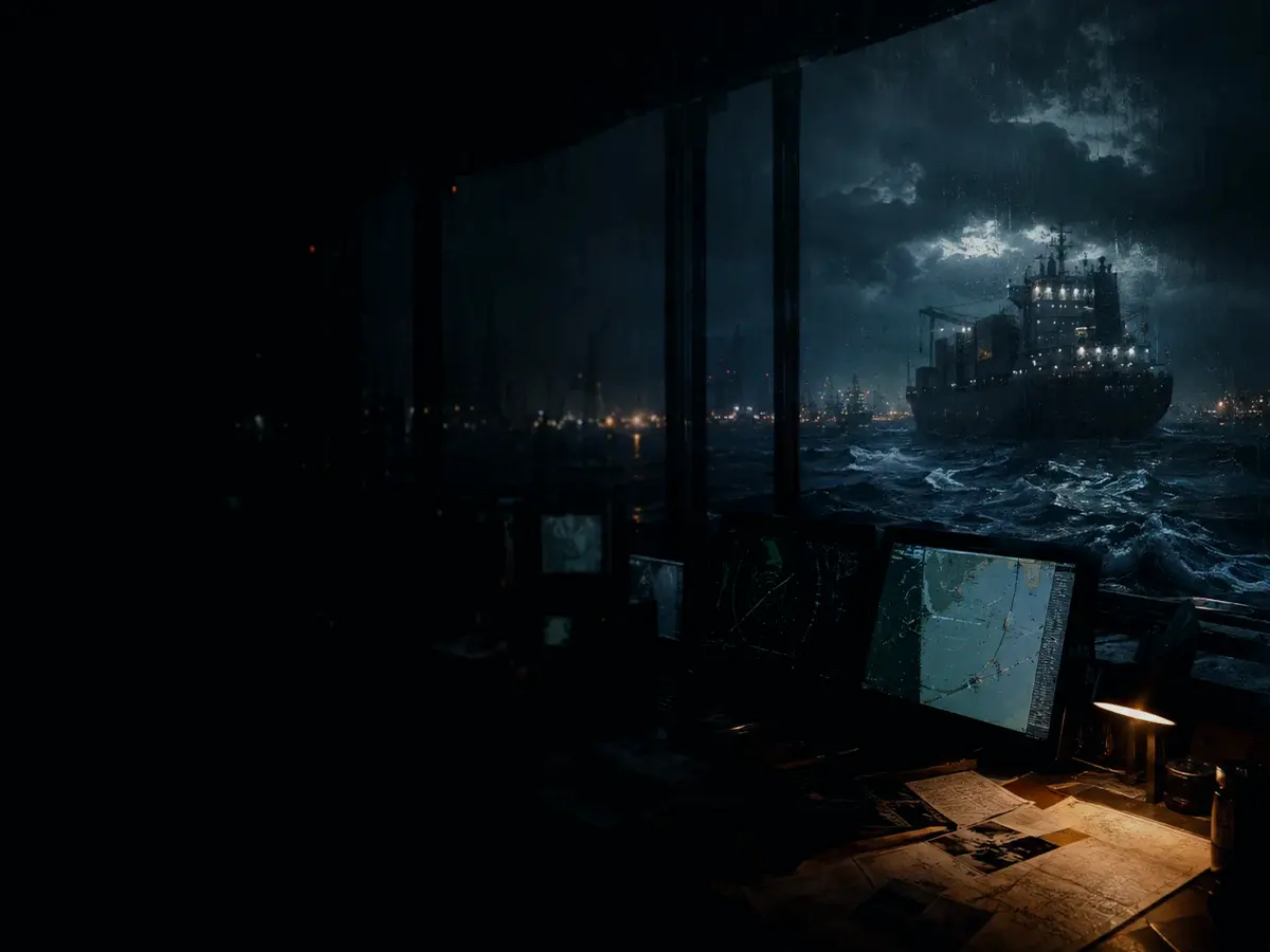 What Does Motor Vessel (MV) Mean in Practice? article hero image showing container ship and harbour operations under storm light with evidence-board tension