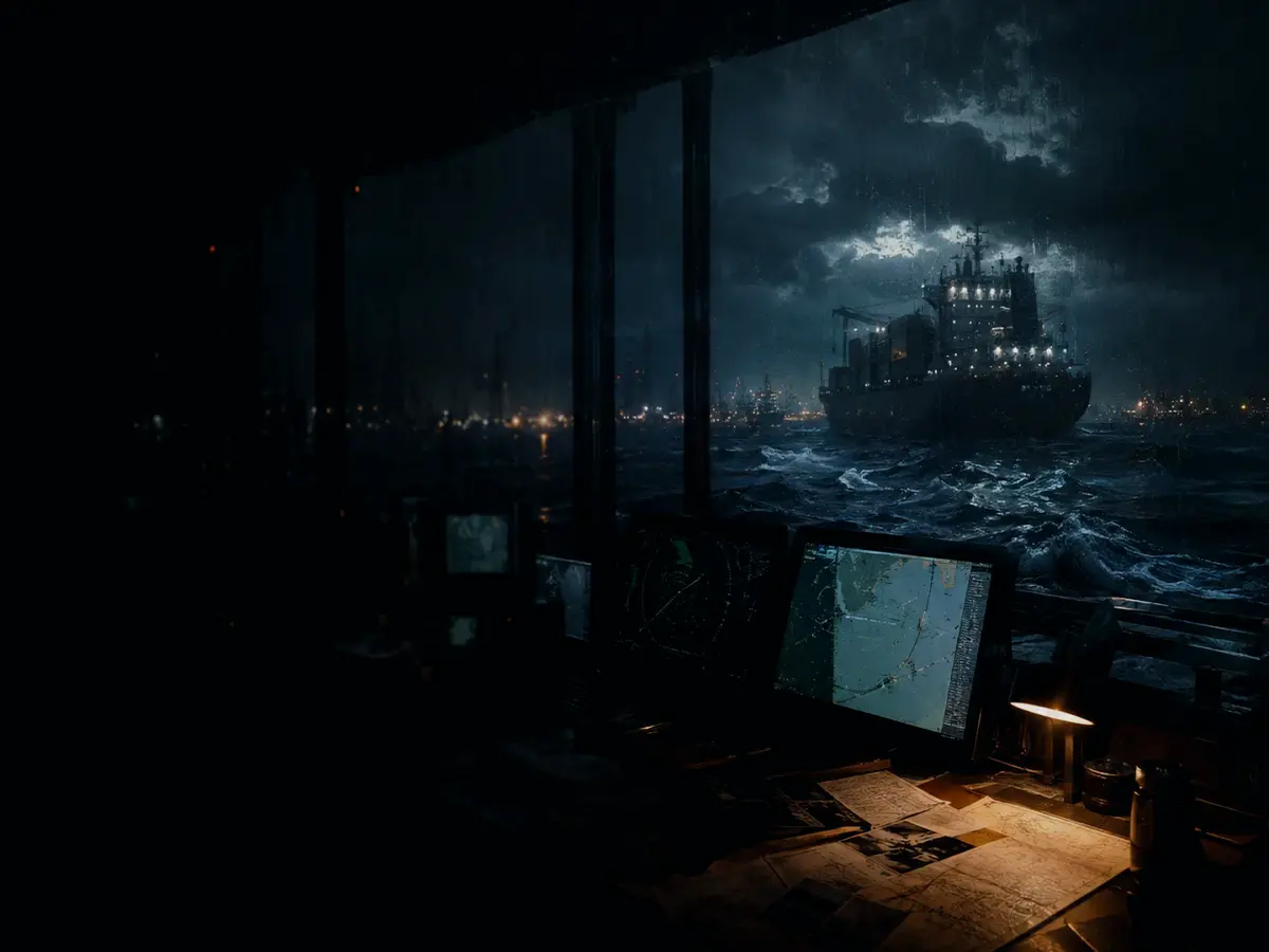 How Does a Pilot Boat Operate? article hero image showing container ship and harbour operations under storm light with evidence-board tension