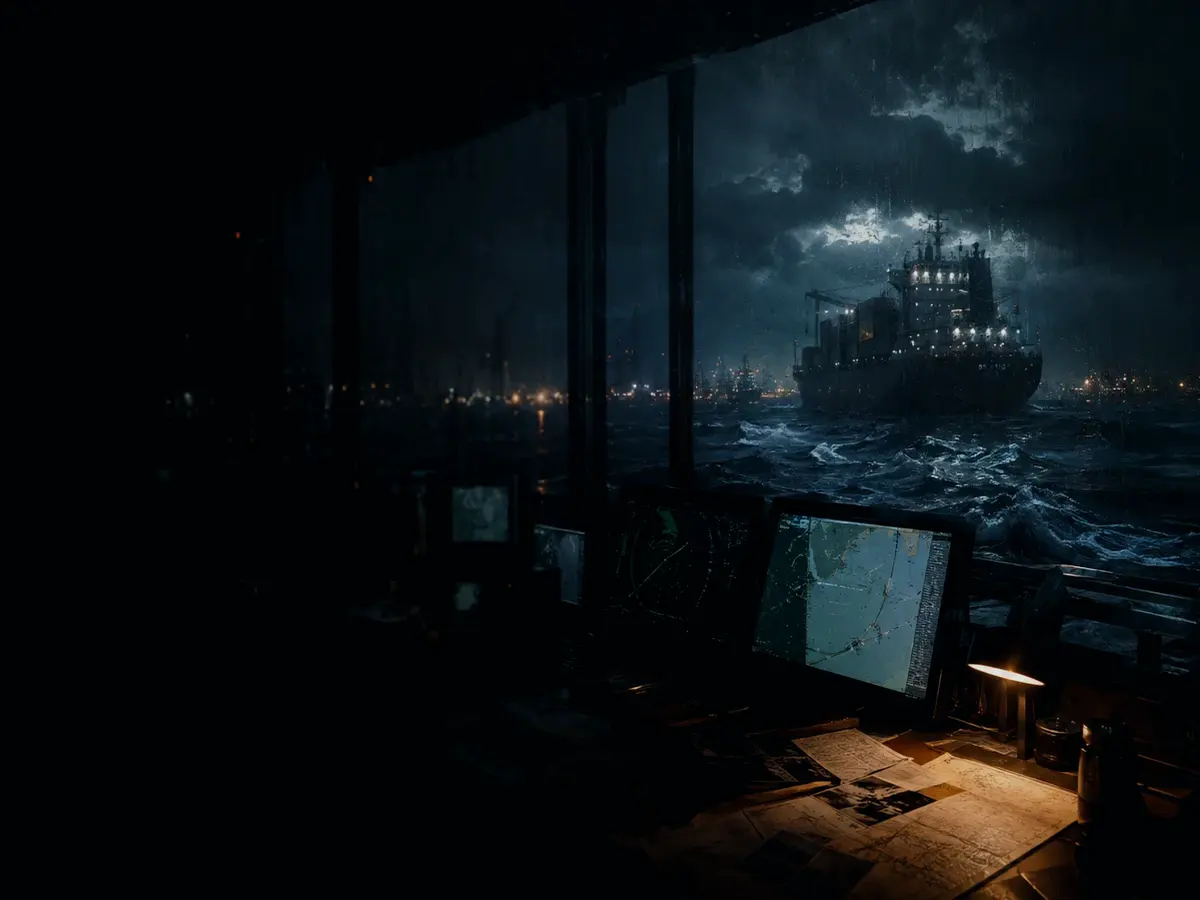 What Equipment Does a Workboat Carry? article hero image showing container ship and harbour operations under storm light with evidence-board tension