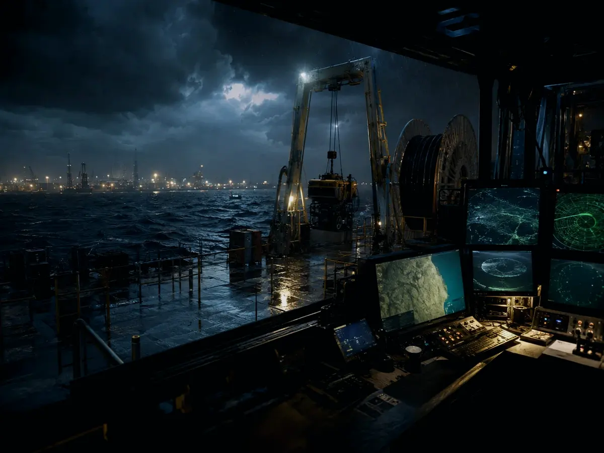 How Is A-Frame Launch System Used Safely? article hero image showing subsea operations deck, A-frame launch silhouette, underwater survey grid and cable-route tension