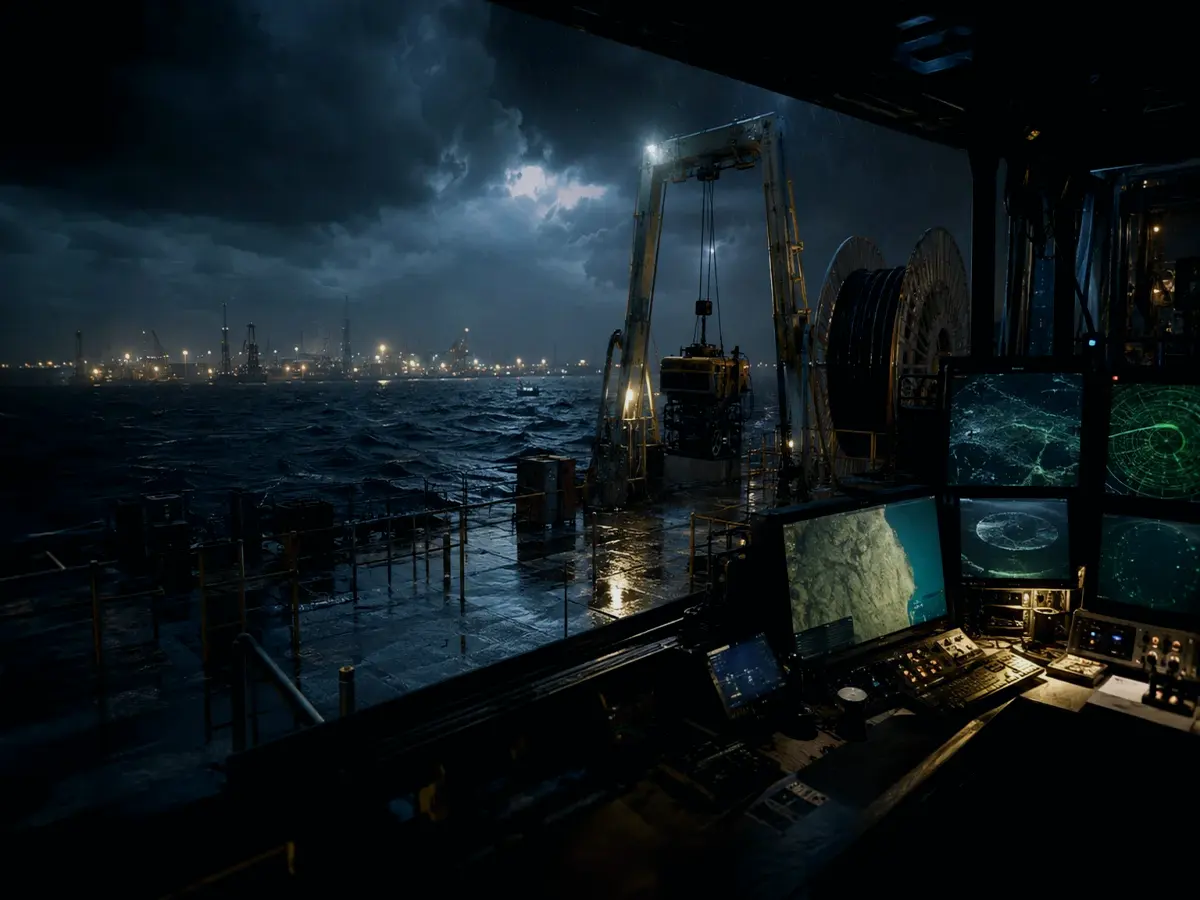 How Does Cable Inspection Affect Operations? article hero image showing subsea operations deck, A-frame launch silhouette, underwater survey grid and cable-route tension