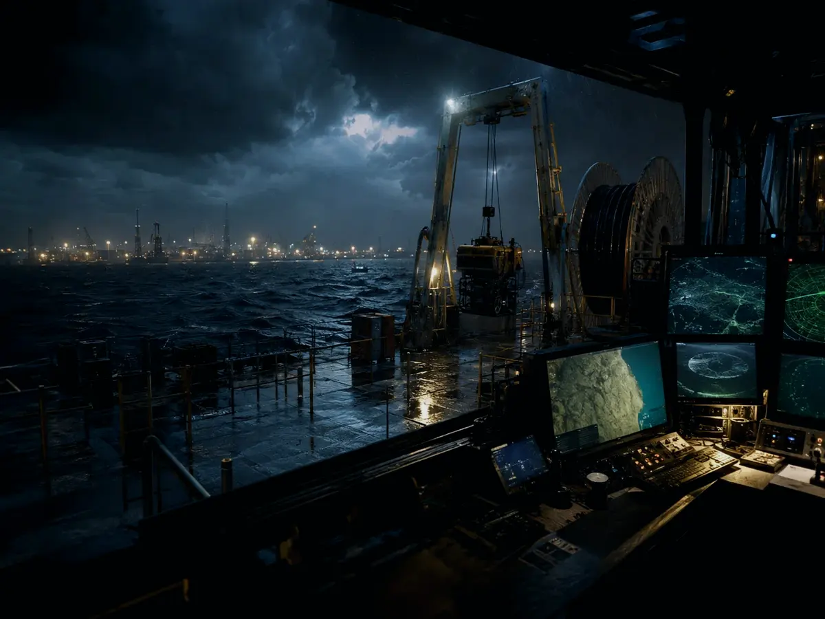 How Is Cable Inspection Used or Applied? article hero image showing subsea operations deck, A-frame launch silhouette, underwater survey grid and cable-route tension