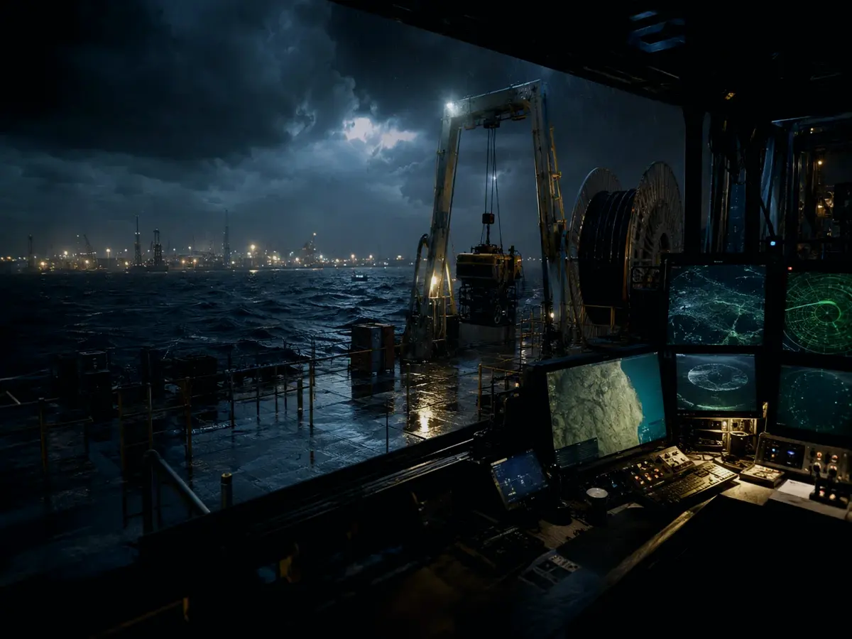 Why Is Cable Inspection Important? article hero image showing subsea operations deck, A-frame launch silhouette, underwater survey grid and cable-route tension