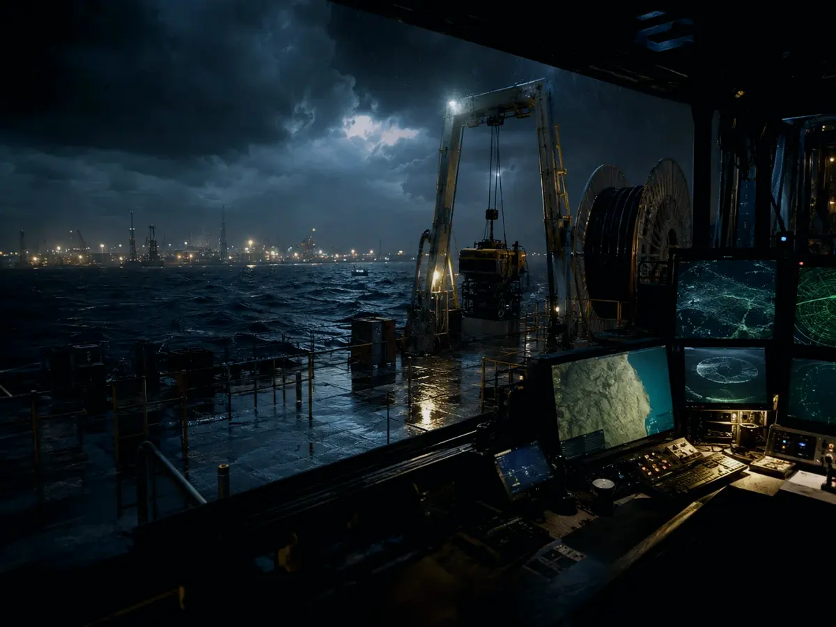 Why Is Cable Maintenance Important? article hero image showing subsea operations deck, A-frame launch silhouette, underwater survey grid and cable-route tension