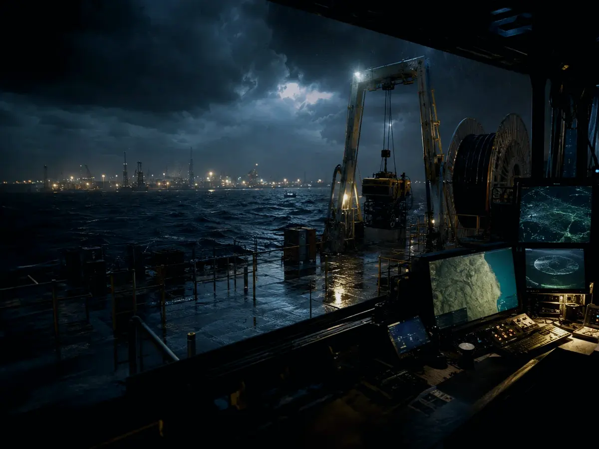 How Does Echo Sounder Work? article hero image showing subsea operations deck, A-frame launch silhouette, underwater survey grid and cable-route tension