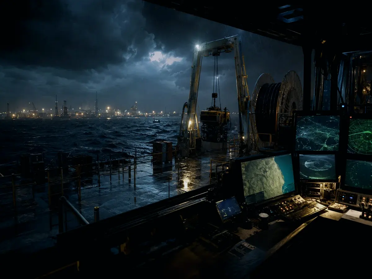 How Is Echo Sounder Used Safely? article hero image showing subsea operations deck, A-frame launch silhouette, underwater survey grid and cable-route tension