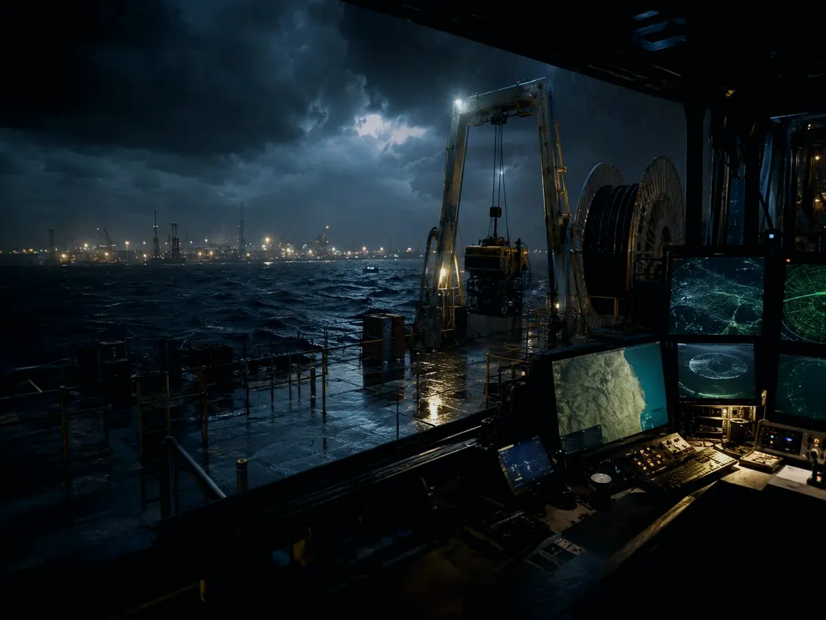 What Are the Limitations of Echo Sounder? article hero image showing subsea operations deck, A-frame launch silhouette, underwater survey grid and cable-route tension