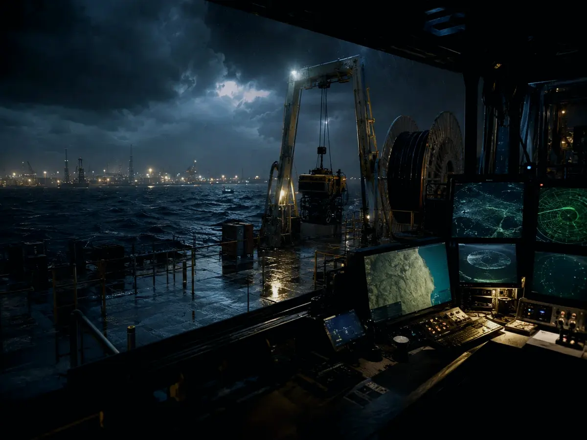 What Are the Main Parts of Echo Sounder? article hero image showing subsea operations deck, A-frame launch silhouette, underwater survey grid and cable-route tension