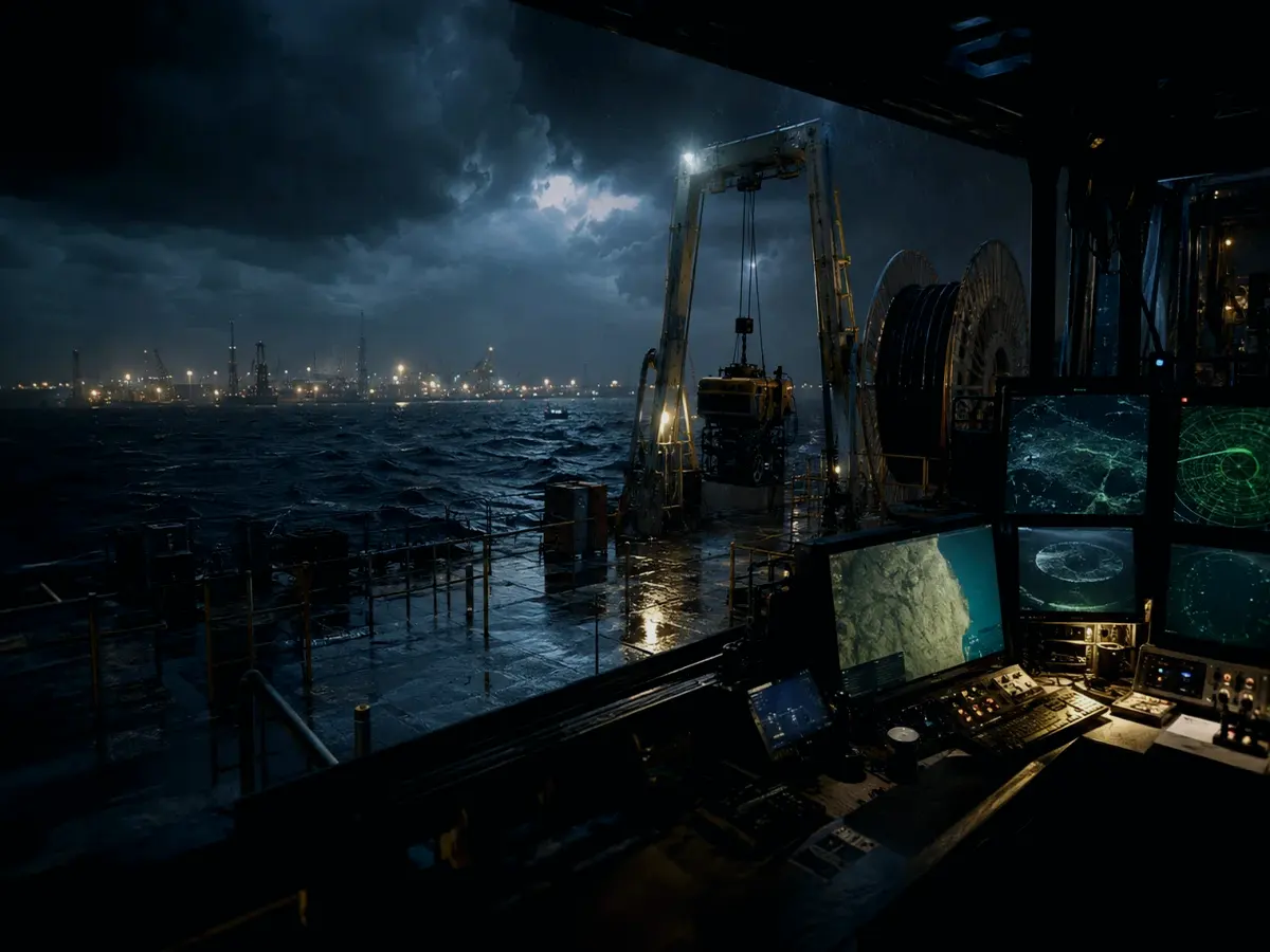 How Does Hydrographic Survey Affect Operations? article hero image showing subsea operations deck, A-frame launch silhouette, underwater survey grid and cable-route tension