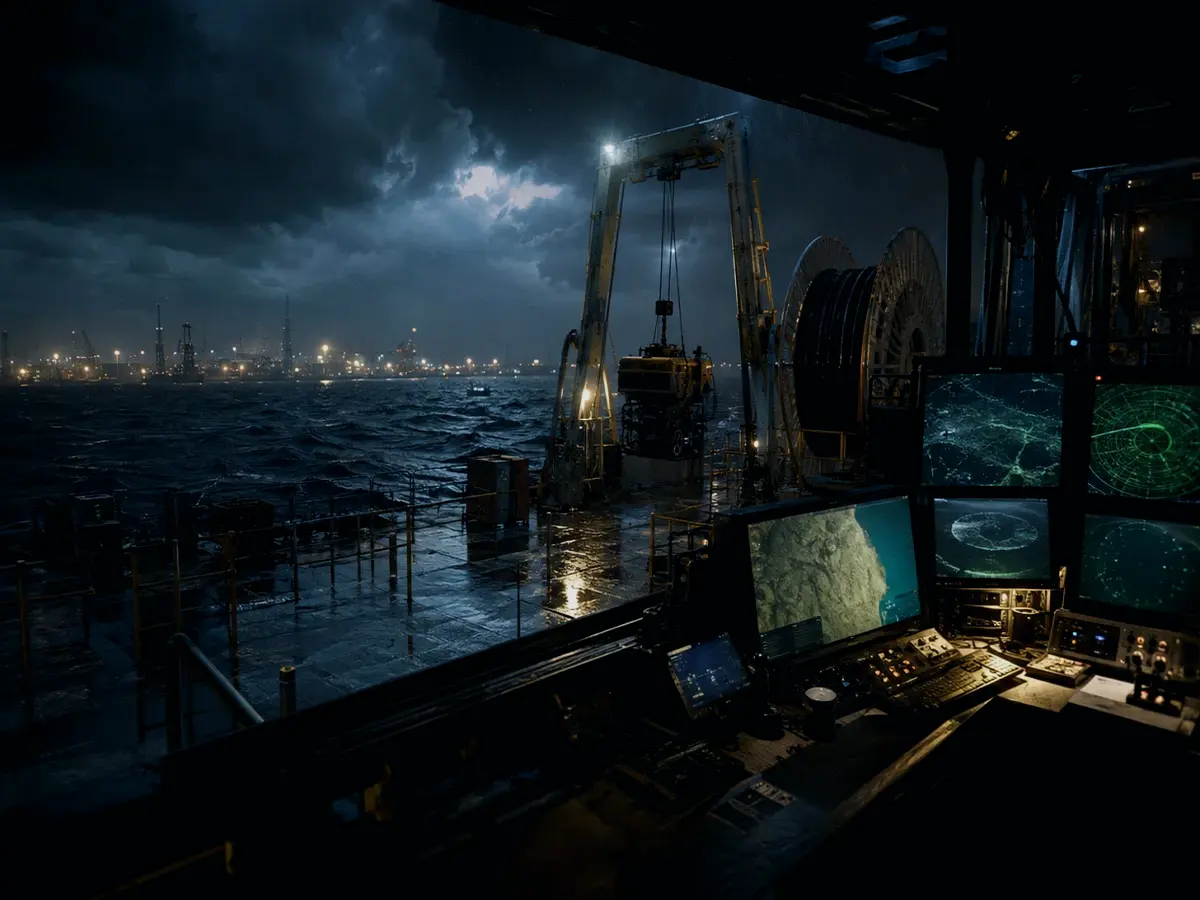 How Does a Mooring Chain Affect Operations? article hero image showing subsea operations deck, A-frame launch silhouette, underwater survey grid and cable-route tension