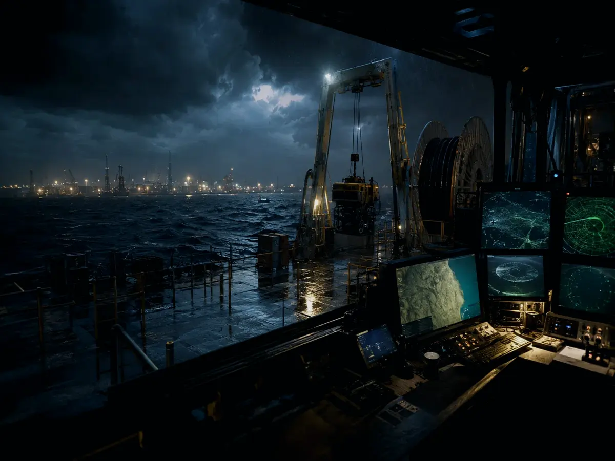 How Is Multibeam Sonar Used in Practice? article hero image showing subsea operations deck, A-frame launch silhouette, underwater survey grid and cable-route tension