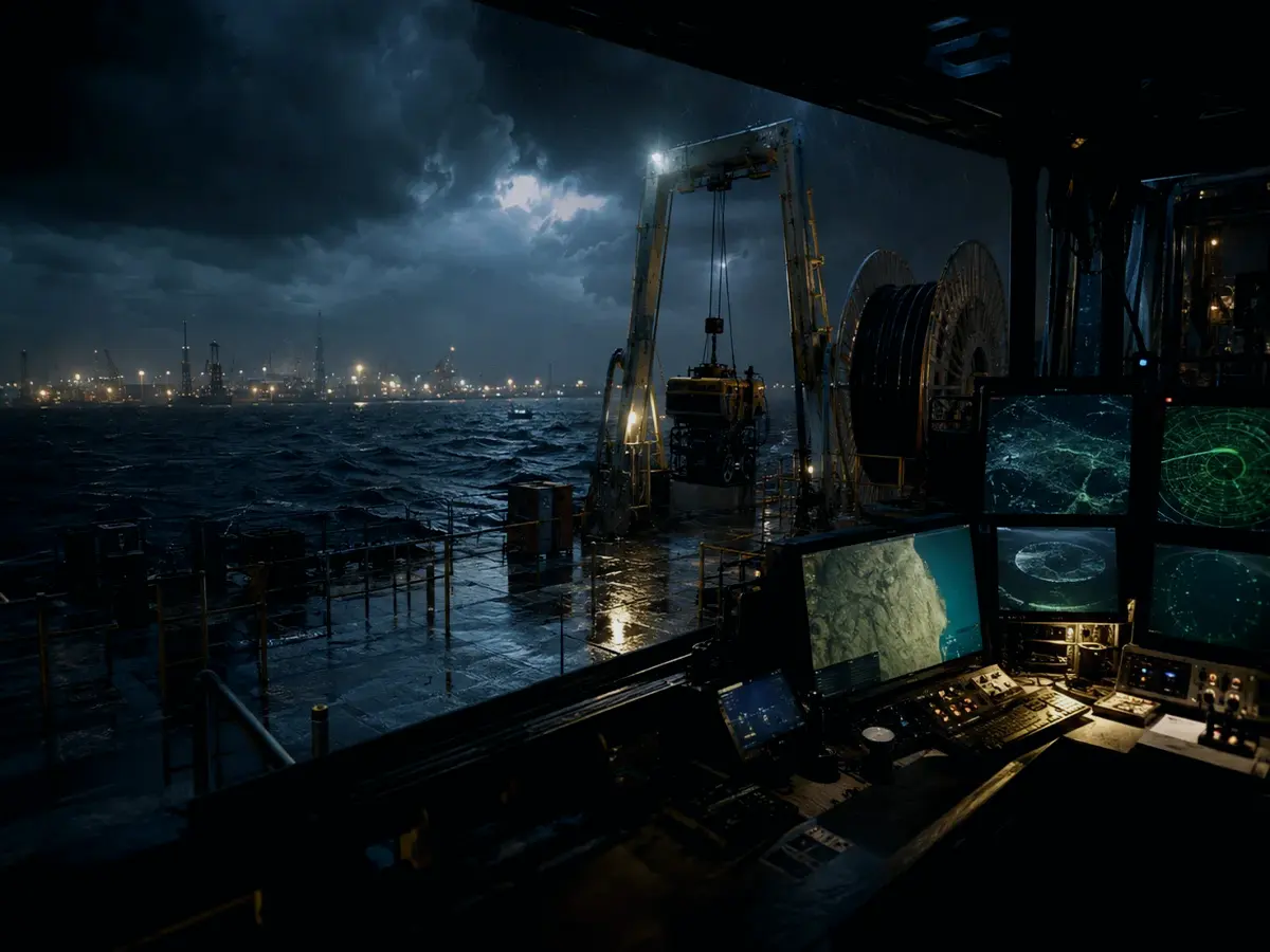 What Are the Main Parts of Multibeam Sonar? article hero image showing subsea operations deck, A-frame launch silhouette, underwater survey grid and cable-route tension