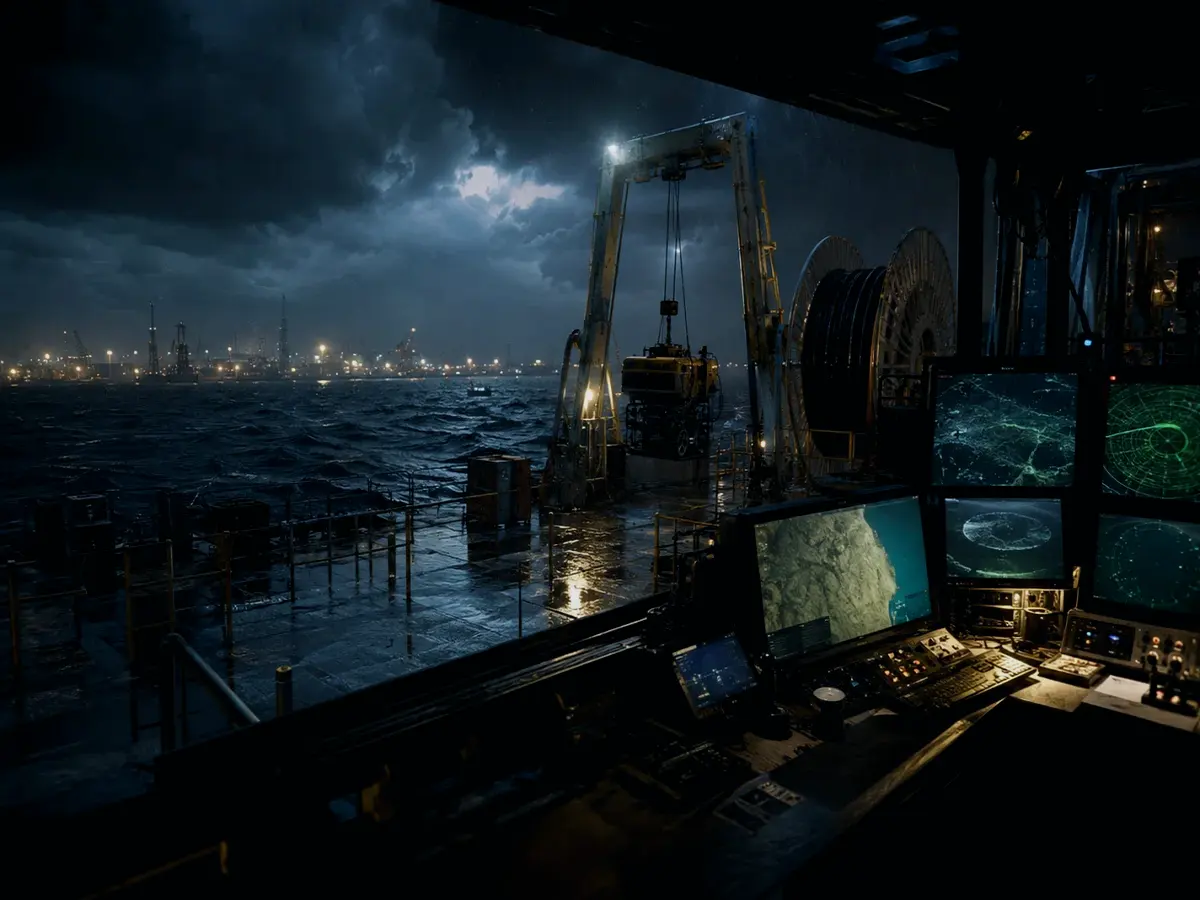 What Is Multibeam Sonar Used For? article hero image showing subsea operations deck, A-frame launch silhouette, underwater survey grid and cable-route tension