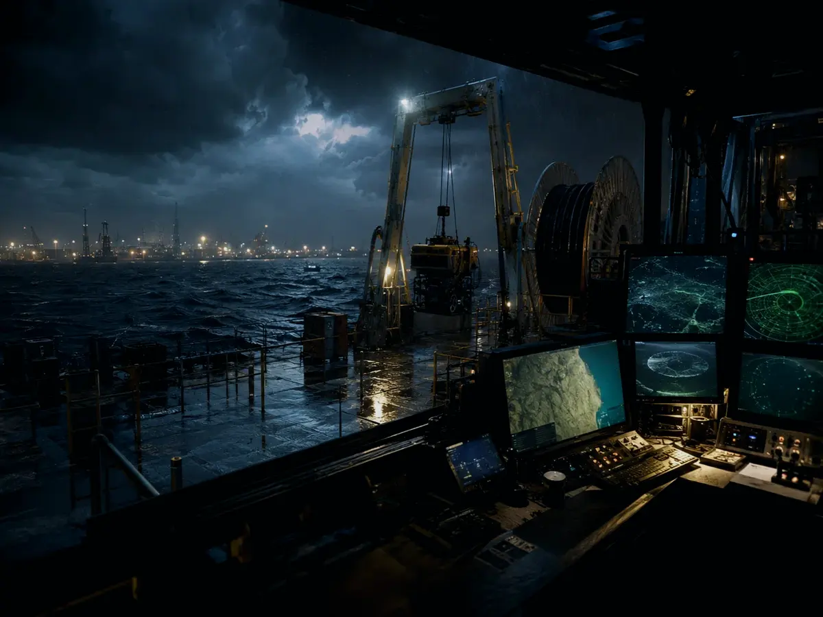 How Does a Navigation Buoy Affect Operations? article hero image showing subsea operations deck, A-frame launch silhouette, underwater survey grid and cable-route tension