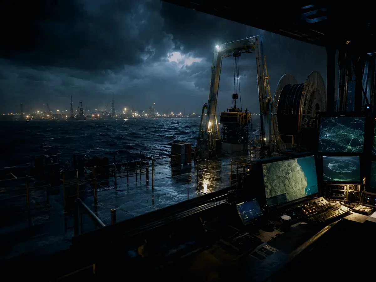 How Is a Navigation Buoy Moored? article hero image showing subsea operations deck, A-frame launch silhouette, underwater survey grid and cable-route tension