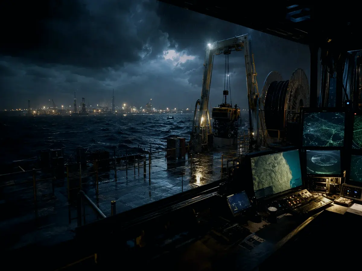 What Does a Navigation Buoy Mean in Practice? article hero image showing subsea operations deck, A-frame launch silhouette, underwater survey grid and cable-route tension