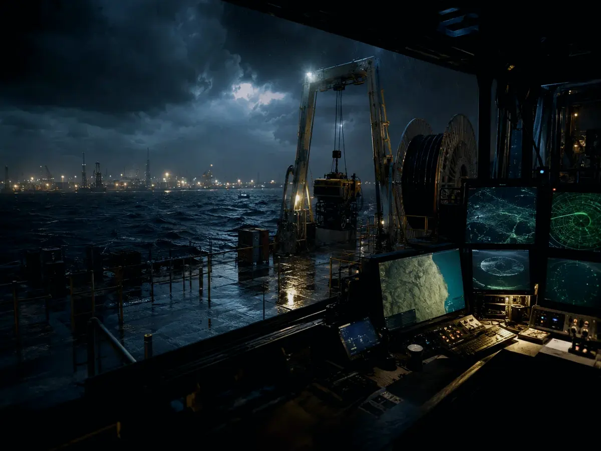 Why Is a Navigation Buoy Important? article hero image showing subsea operations deck, A-frame launch silhouette, underwater survey grid and cable-route tension